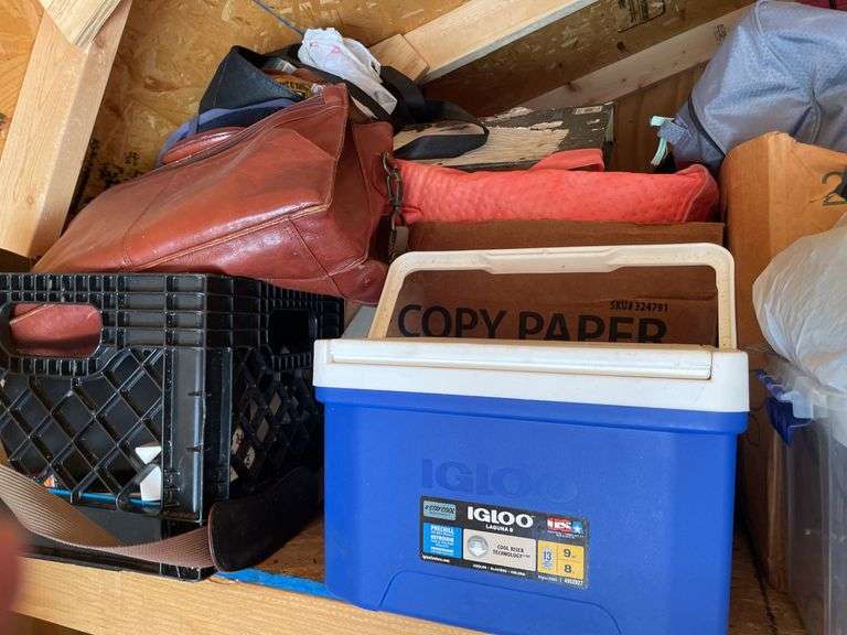 ALL CONTENTS IN LOFT INCLUDING RV WATER TANK, FOAM PADS, YOGA PAD, LUNCH BOX
