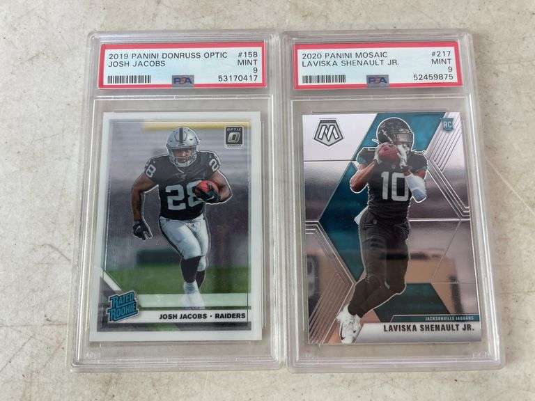 2019 Optic Josh Jacobs, 2020 Prizm Leonard Fournette, 2020 Phoenix Justin Jefferson, and 2020 Mosaic