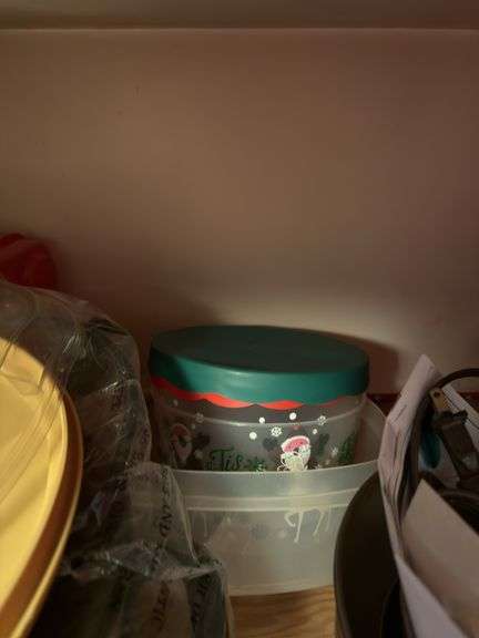 CONTENTS OF UPPER RED CABINETS INCL. CROCKPOT, VINTAGE MIXER, BOWLS ETC.