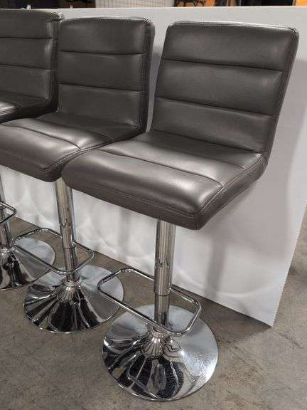 (4) matching grey leather swivel adjustable bar stools