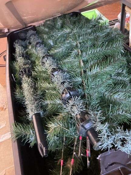 2 TOTES OF HALOWEEN DECOR AND A CHRISTMAS TREE