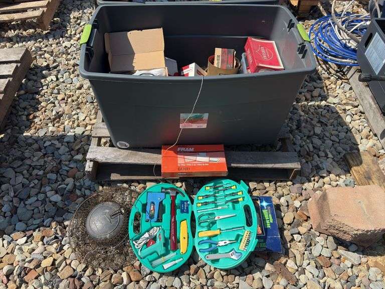 Tote of tools, parts, extension cords & more