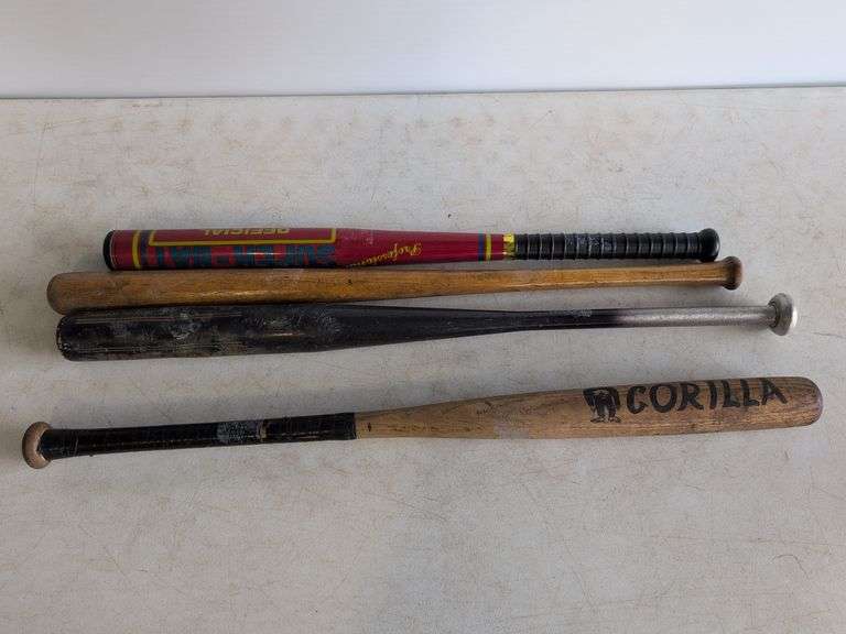 (2) wooden bats, metal bat, and plastic bat