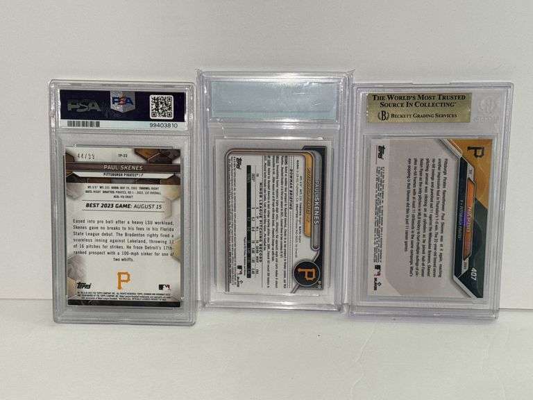 2024 Topps Now Paul Skenes (BGS 9.5), 2024 Bowman Paul Skenes Prospect (MGC 10), and 2023 Bowman’s B
