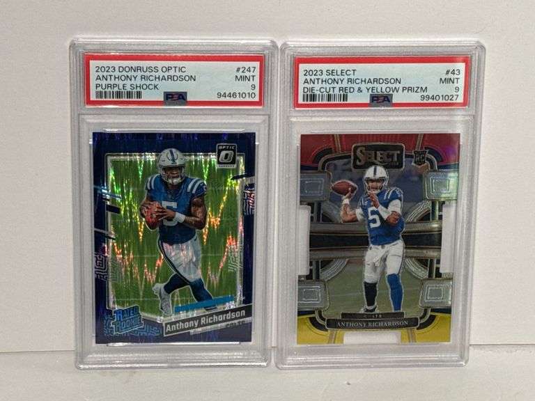 2023 Donruss Optic Anthony Richardson Purple Shock (PSA 9) and 2023 Select Anthony Richardson Die Cu