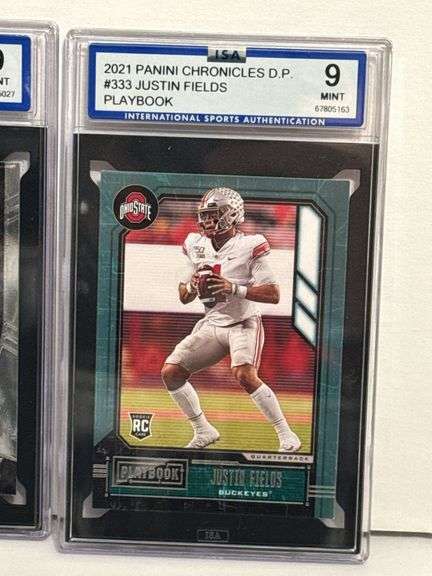 2021 Panini Chronicles D.P. Justin Fields Playbook RC (ISA Mint 9) and 2021 Panini Prizm Draft Picks