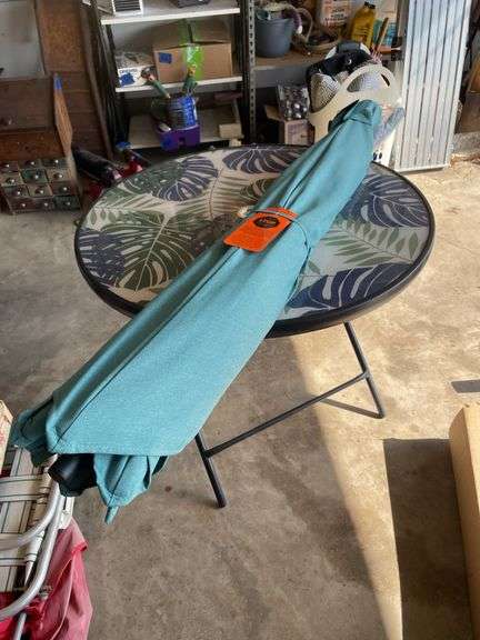 OUTDOOR GLASS TOP TABLE AND UMBRELLA