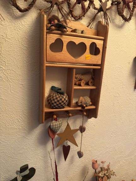 WOODEN DISPLAY SHELF, WALL SHELVES, DECOR, CD'S, AND MORE