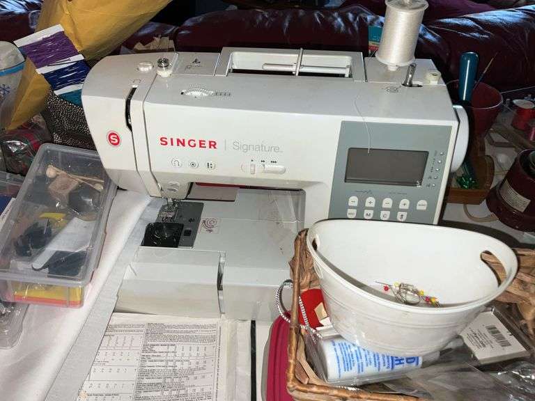 LARGE LOT OF SEWING SUPPLIES INCL. SINGER MACHINE, TABLE, OFFICE CHAIR