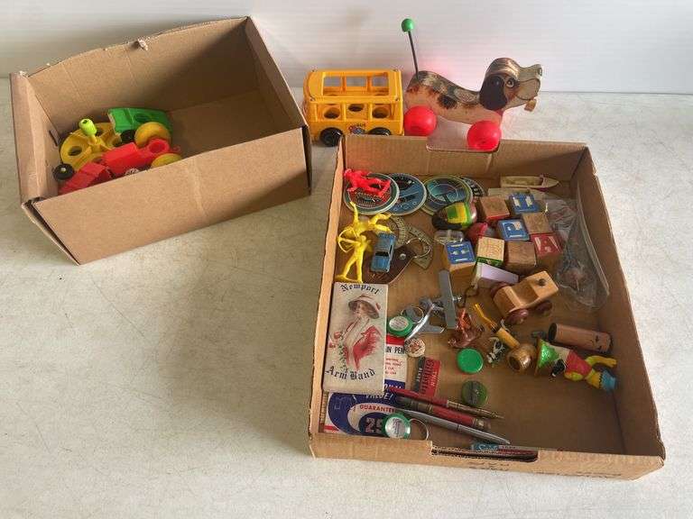 Vintage children's toys - blocks, action figures, cars, and more