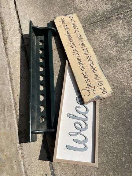 WOOD SHELF AND WALL ART