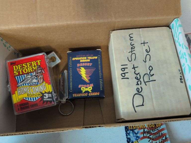 (5) Desert Storm trading card wax boxes- (2) factory sealed, and other Desert Storm cards and items