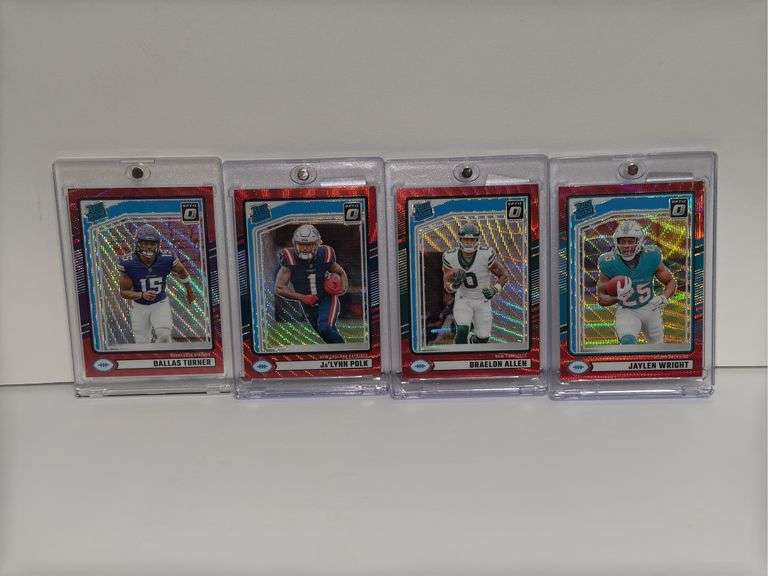 (4) 2024 Donruss Optic Rated Rookie Red Wave Short Print Parallel RC’s of Dallas Turner, Jaylen Wrig