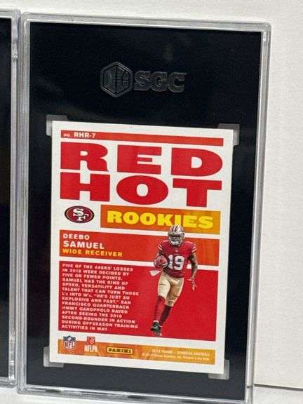 2019 Donruss Deebo Samuel Red Hot Rookies RC (SGC 10) and 2023 Panini Score Sam Darnold Red (SGC 9)