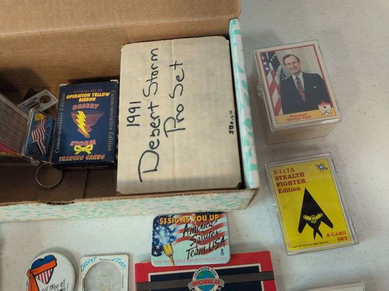 (5) Desert Storm trading card wax boxes- (2) factory sealed, and other Desert Storm cards and items