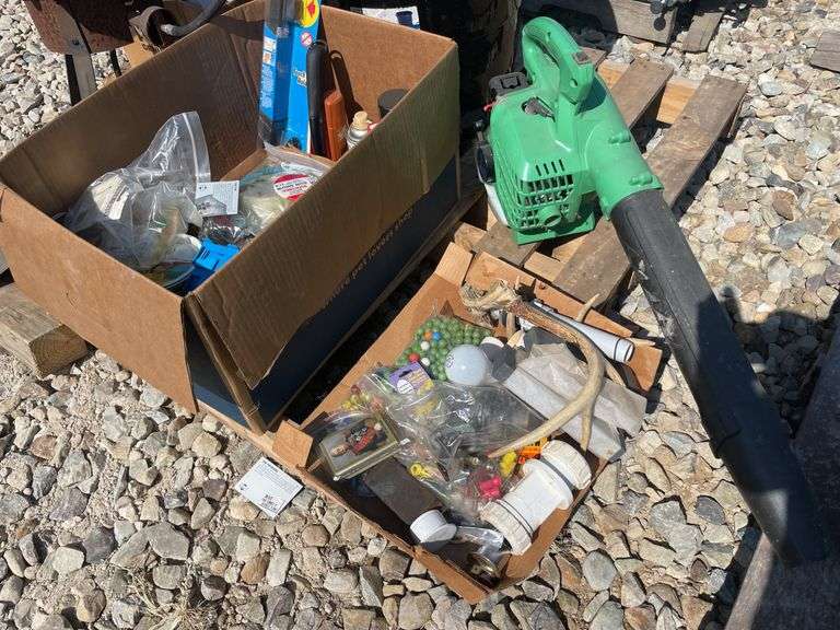 Hitachi leaf blower, Avon perfume bottles, marbles, door closer & more