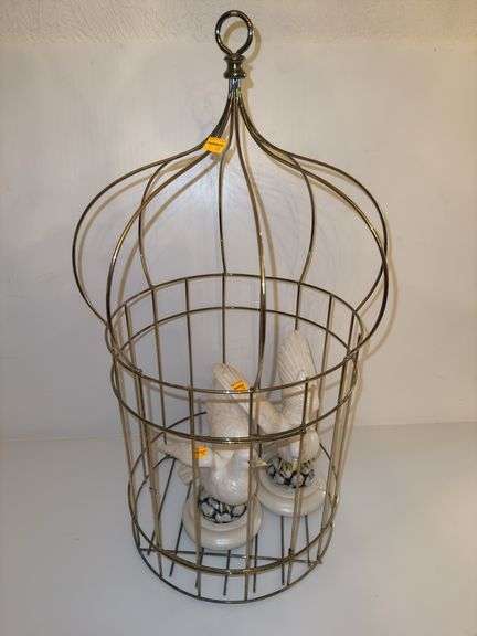 Vintage Decorative Gold Metal Bird Cage w/ 2 Ceramic Doves