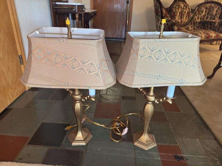 (2) Vintage Brushed Gold Base Table Lamps