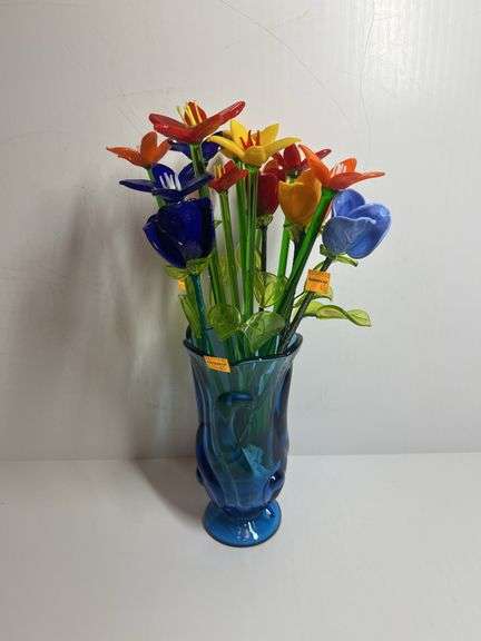 Blue Vase and Glass Flowers