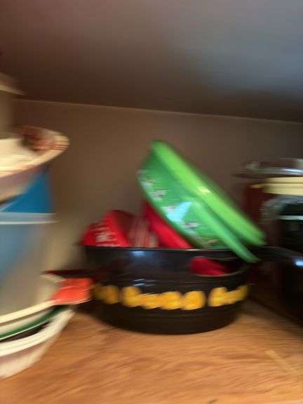 CONTENTS OF UPPER RED CABINETS INCL. CROCKPOT, VINTAGE MIXER, BOWLS ETC.