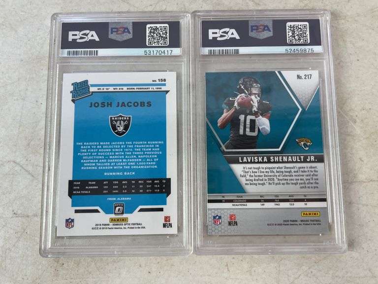 2019 Optic Josh Jacobs, 2020 Prizm Leonard Fournette, 2020 Phoenix Justin Jefferson, and 2020 Mosaic