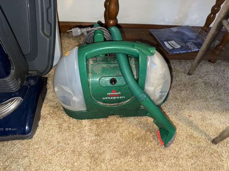 BISSELL LITTLE GREEN CARPET CLEANER, VACUUM SWEEPER, WOOD SHELF, TABLE, AND MORE