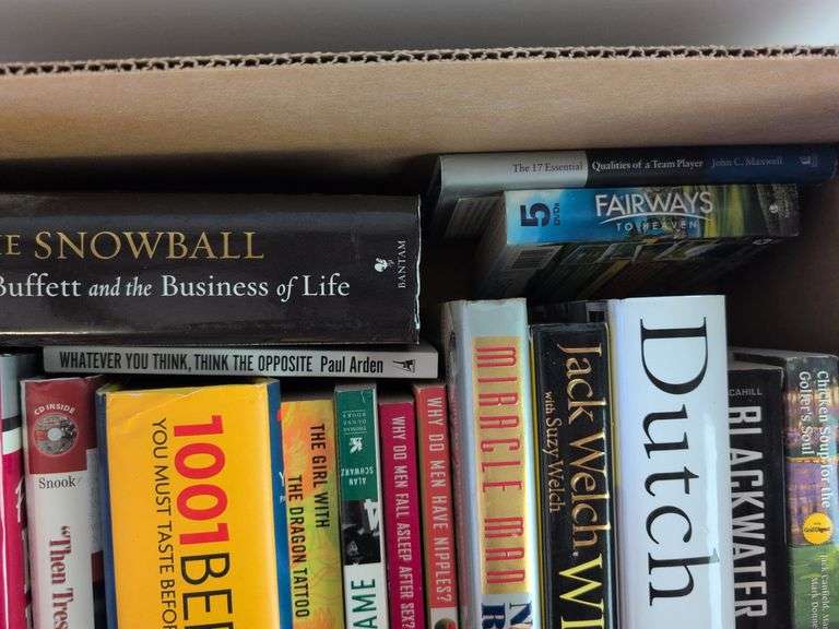 Box of books - historical, business, fiction, and more