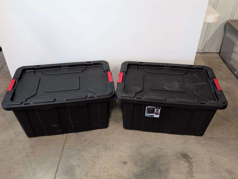(2) black Sterilite industrial storage containers with red handles