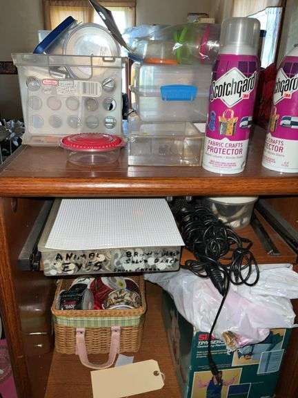 CABINET WITH CONTENTS OF CRAFT SUPPLIES AND DOLL