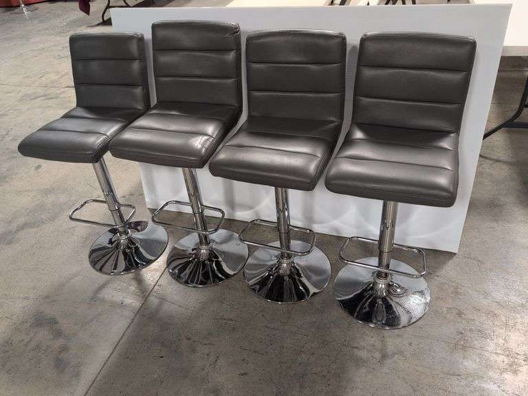 (4) matching grey leather swivel adjustable bar stools