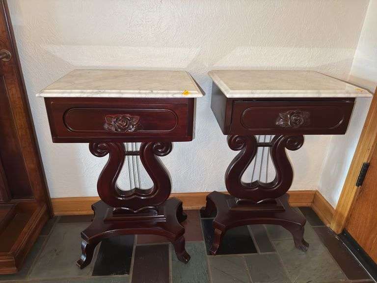 (2) Antique Harp Lyre Italian Marble Mahogany Side Tables