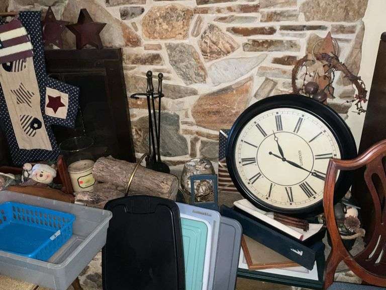 ALL ITEMS ON HEARTH AND MANTLE INCL. VASES AND CLOCK