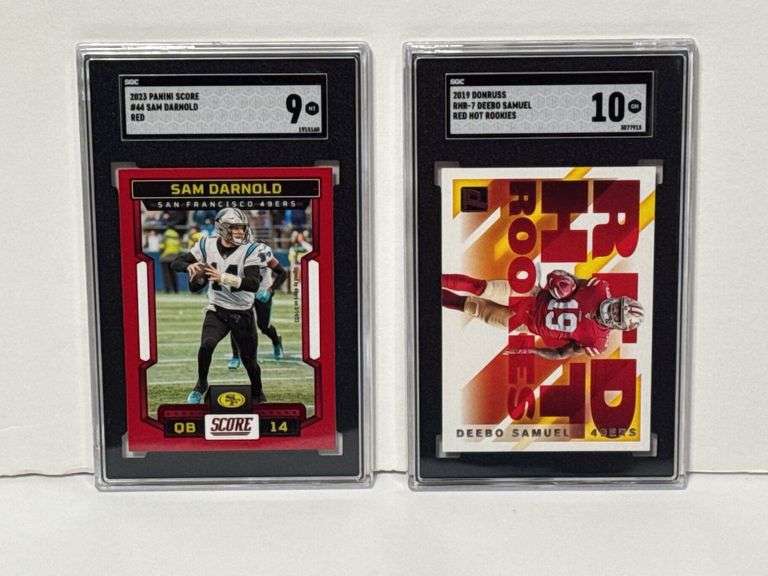 2019 Donruss Deebo Samuel Red Hot Rookies RC (SGC 10) and 2023 Panini Score Sam Darnold Red (SGC 9)