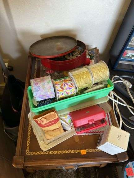 END TABLE, STANDS, CRAFT SUPPLIES, FLOOR LAMP