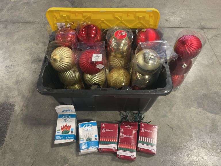 Tote of Christmas lights and decorative bulbs