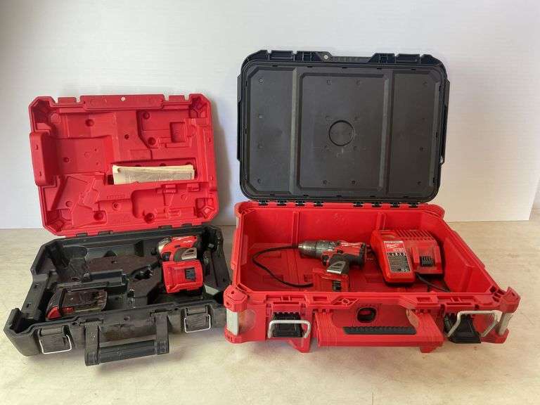 Milwaukee pack out and tool box with drill, impact, battery and charger