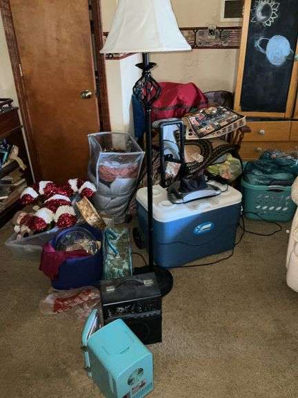 LARGE LOT OF COOLER, BAGS, MASSAGER, RUSTIC DECOR