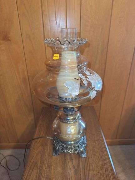 Vintage Hurricane Three Way Iridescent Glass Flower Lamp