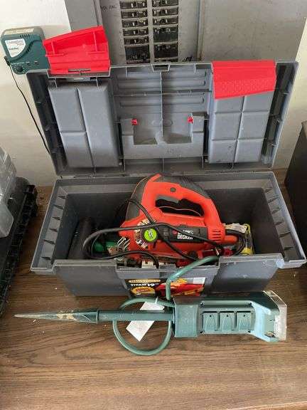 TOOL BOX WITH BLACK & DECKER JIGSAW AND HAND TOOLS