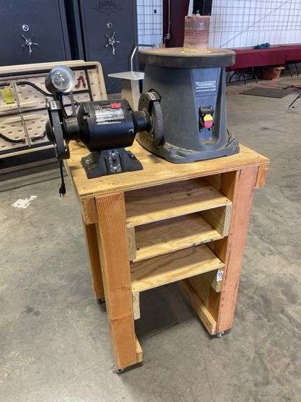 Wooden rolling stand with 6" bench grinder and oscillating spindle sander - works