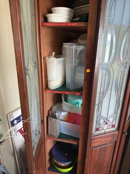 WOODEN AND STAINED GLASS TYPE CORNER CABINET 84" X 42"