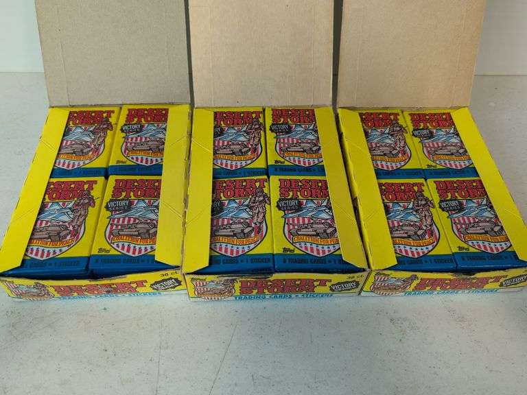 (5) Desert Storm trading card wax boxes- (2) factory sealed, and other Desert Storm cards and items