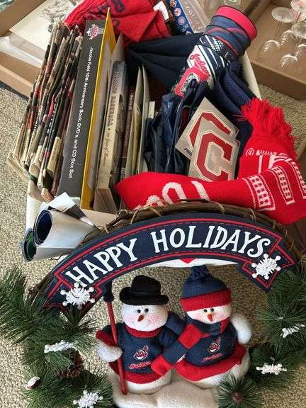 CLEVELAND INDIANS LOT- WREATH, TOWELS.  NEWSPAPERS, BOOKS, BASKET and more