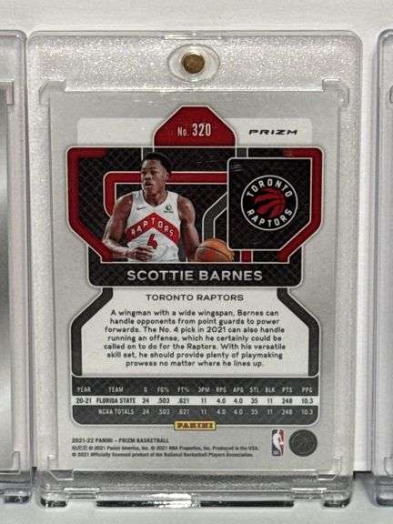2021 Panini Prizm Scottie Barnes RC, 2023 Panini Prizm Orange Refractor De’Andre Hunter, and 2023 Pa