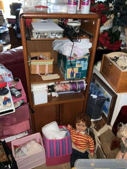 CABINET WITH CONTENTS OF CRAFT SUPPLIES AND DOLL