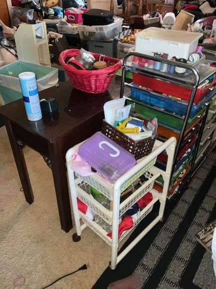 LARGE LOT OF SEWING SUPPLIES INCL. TABLE AND ORGANIZERS