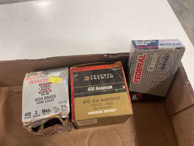 Partial boxes of ammo - Federal 12 GA rifled slug, 410 handgun buckshot, and Winchester 410 game loa