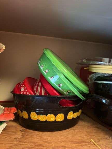 CONTENTS OF UPPER RED CABINETS INCL. CROCKPOT, VINTAGE MIXER, BOWLS ETC.