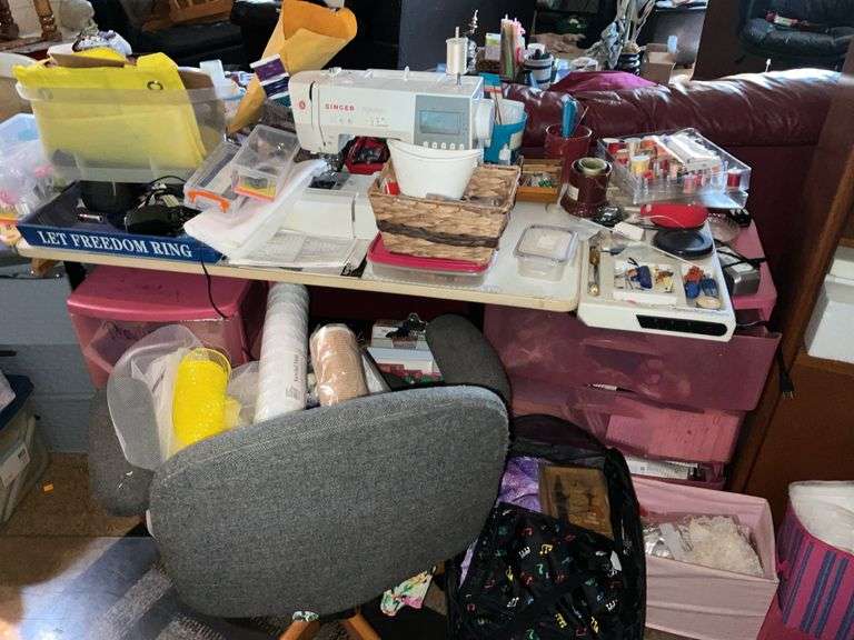 LARGE LOT OF SEWING SUPPLIES INCL. SINGER MACHINE, TABLE, OFFICE CHAIR