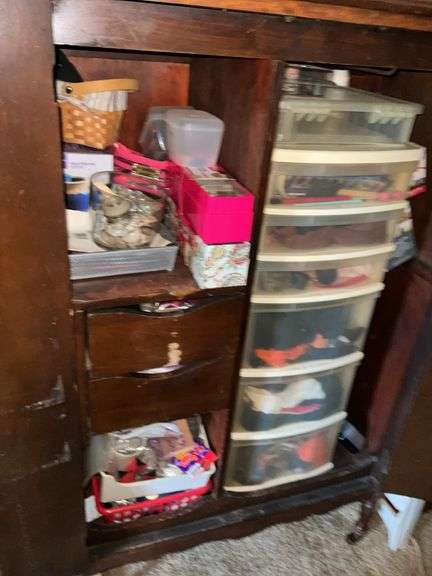 ANTIQUE ARMOIRE AND CONTENTS